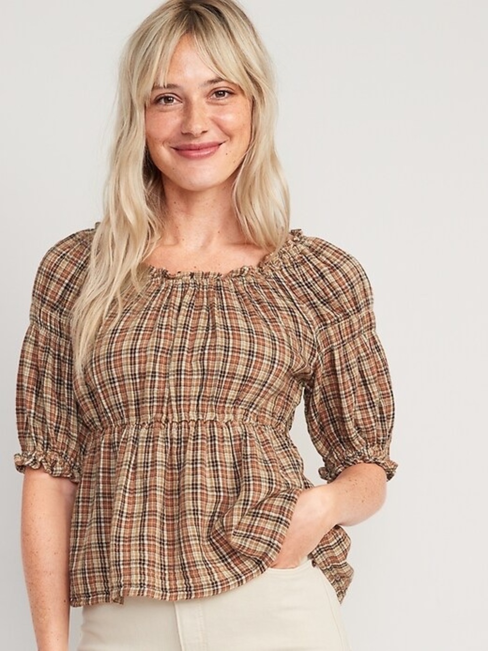 Old Navy Plaid Smocked Peasant Top in Brown and Orange